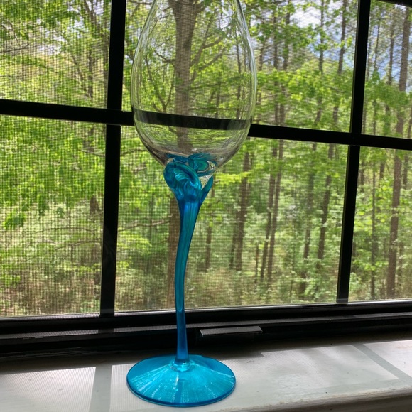 Wine stems 2 Vintage Bohemian Art Deco teal Tulip . 12” tall. - Picture 2 of 5